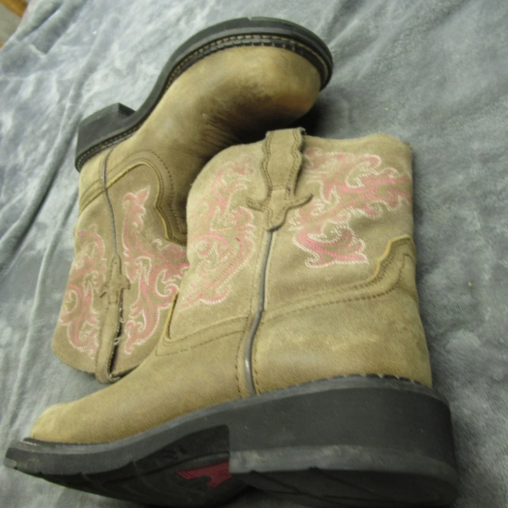 Ariat‎ Girls Boots 6 B Pink Embroidered Tan Leather Square Toe Fatbaby II Cowboy